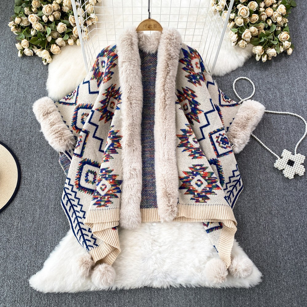 Wholesale Western Style Leopard Print Fur Collar Polyester Jacket Loose Mid-length Jacquard Knitted Cardigan